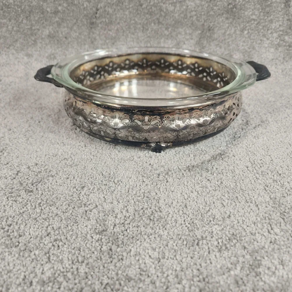 Vintage Silver Plate Pierced Pyrex Casserole Dish Holder with Glass‎ Insert